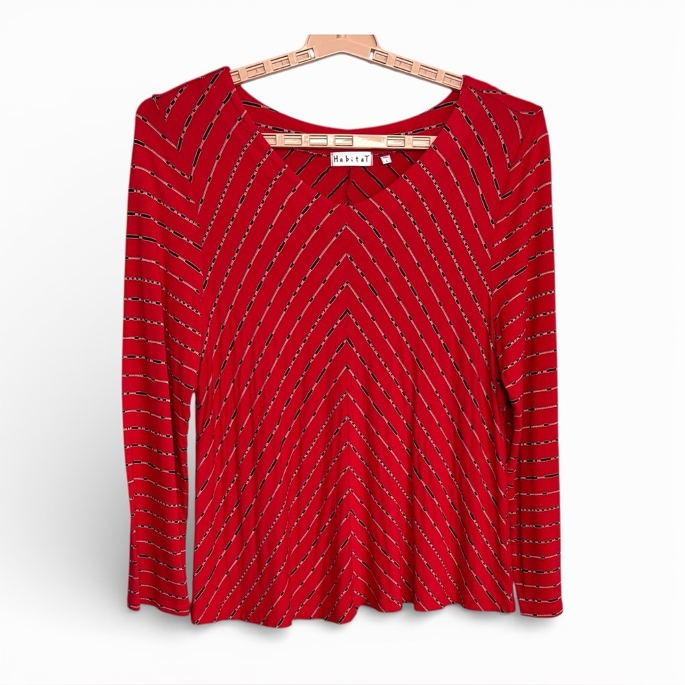 Habitat Blouse Shirt Top Women Sz L Wearable Art Artsy Stretchy Red Abstract EUC